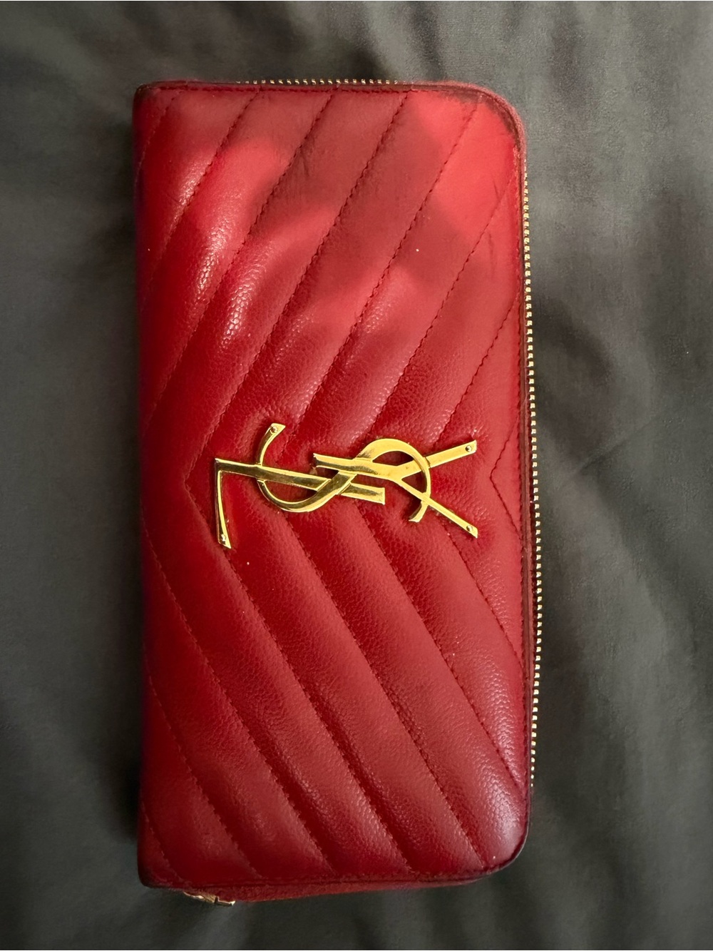 Saint Laurent Red Quilted Zip-Around Card Wallet with Gold Accents